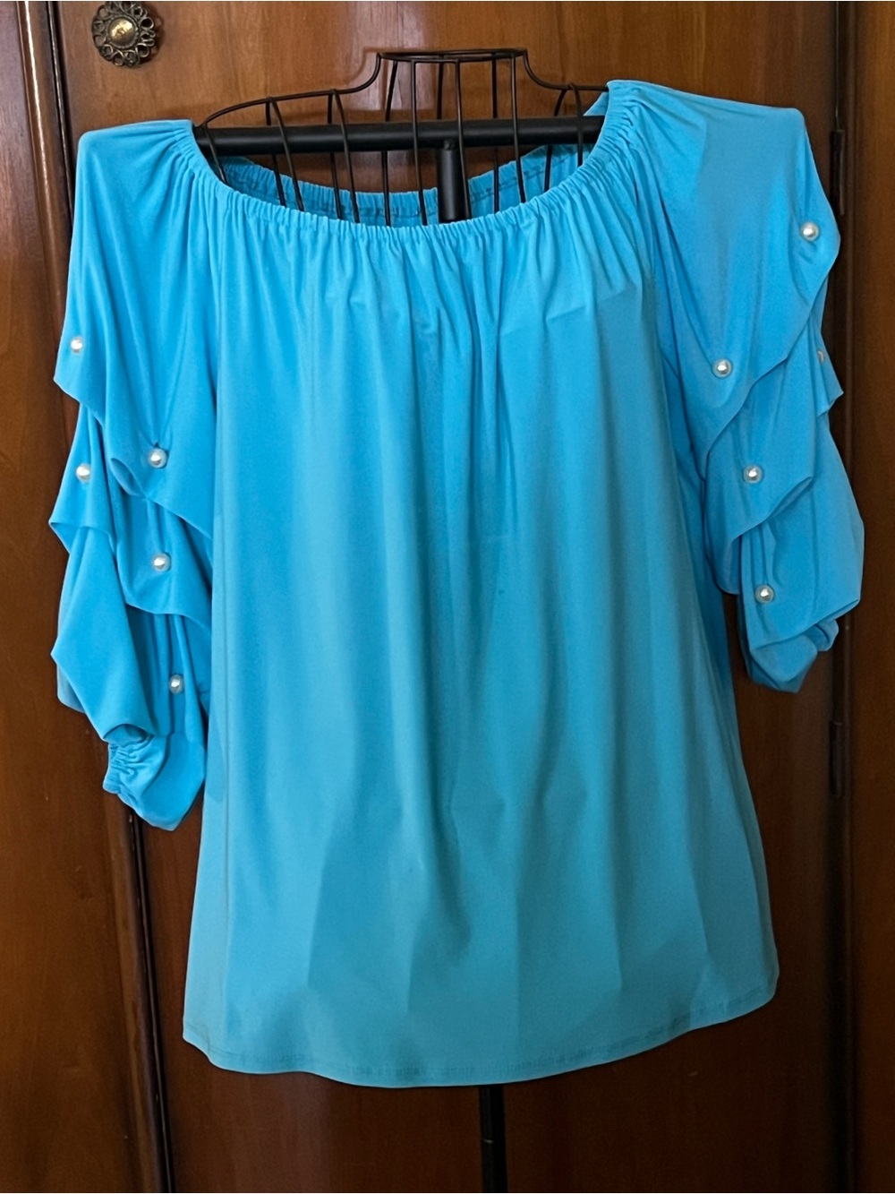 Blue Off-Shoulder Ruffle Sleeve Top with Pearl Accents